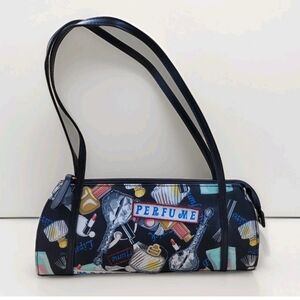 Retro Hard Sided Shoulder Handbag Beaded Accents Perfume Makeup Themed Graphic